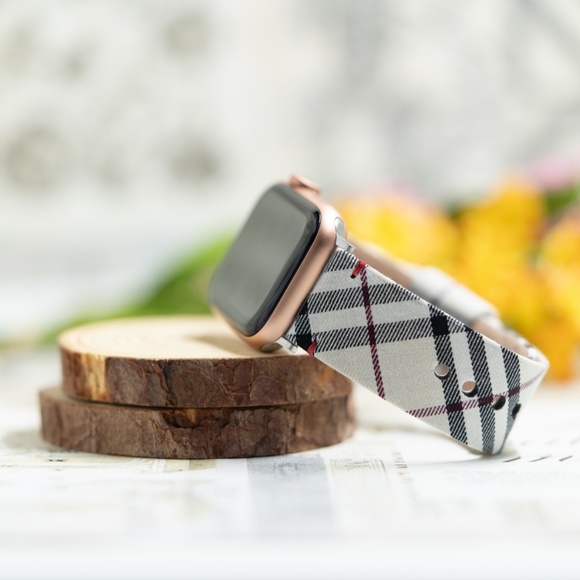 Plaid Checker Apple Watch Band, Leather Band Strap White 38/40/41/42/44/45 mm SE - Picture 8 of 9
